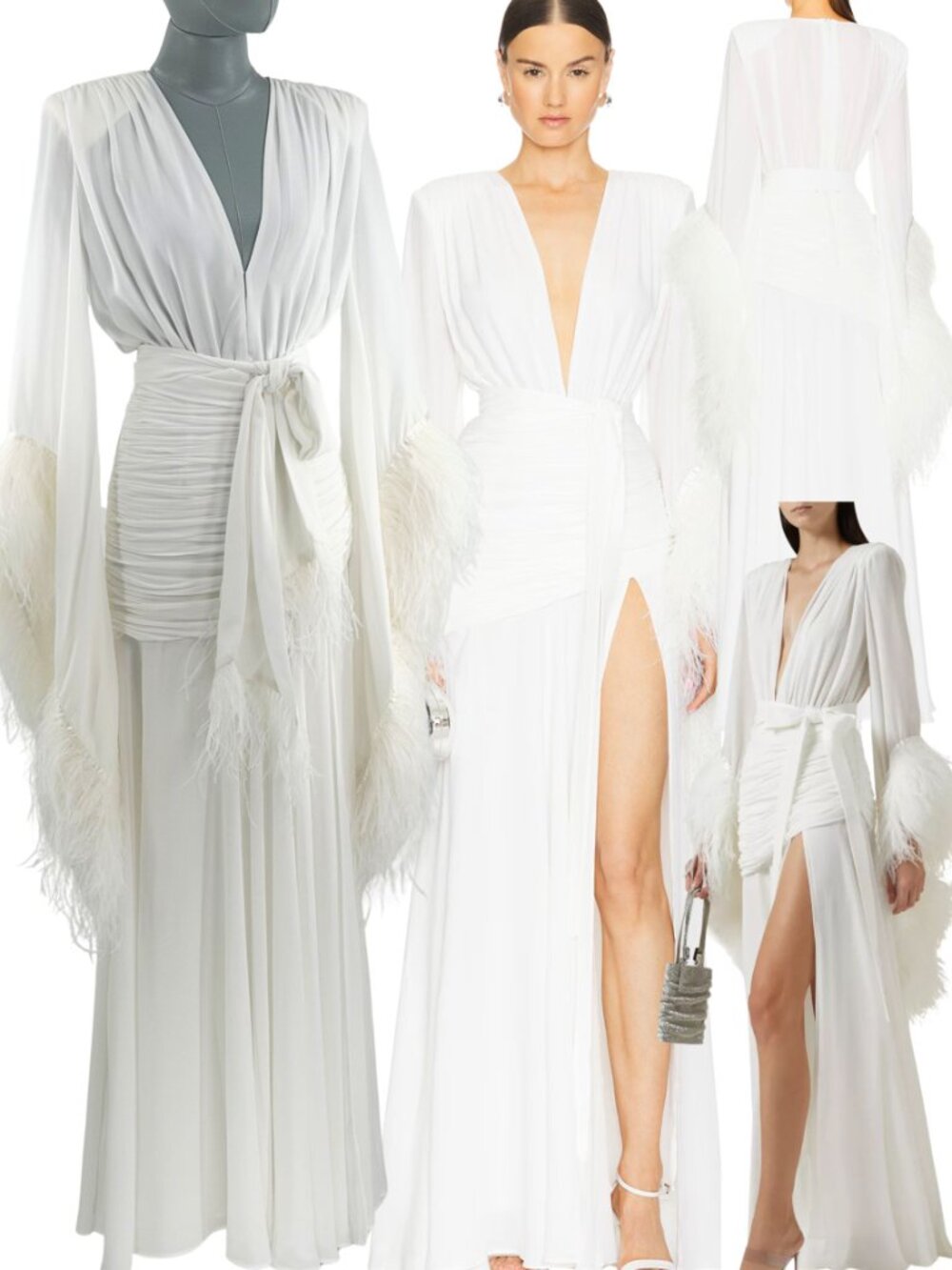 🆕 BRONX & BANCO 🧿 NWOT Geisha Blanc Feather-Trim Maxi Dress, White - Sz XS US2